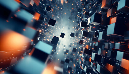 Obraz premium Abstract 3D rendering of glowing cubes in motion, creating a sense of depth and speed.