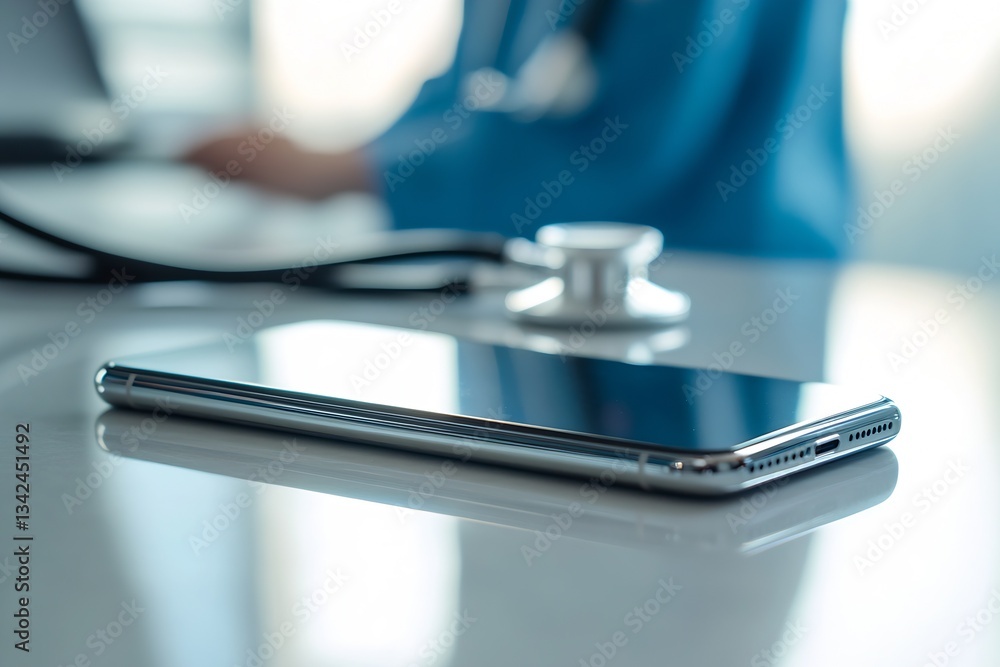 Poster detailed view of a smartphone on a medical office desk with a stethoscope highlighting the intersect