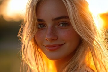 Fototapeta premium Golden Hour Portrait: A Young Woman's Serene Smile at Sunset