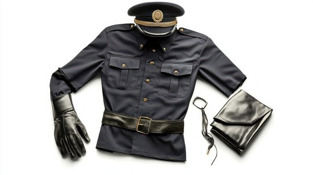 Uniform of a law enforcement officer displayed on white background