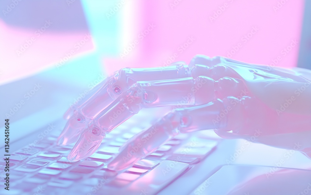 Aufkleber transparent robotic hand poised above laptop keyboard with a stylish pink backdrop : generative ai