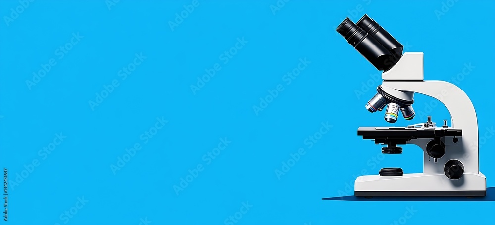 Poster isolated image of a sleek modern microscope on a blue background showcasing scientific equipment : g