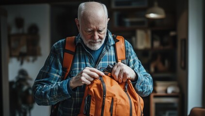 Obraz premium Senior Man Preparing for an Adventure: Packing His Orange Backpack