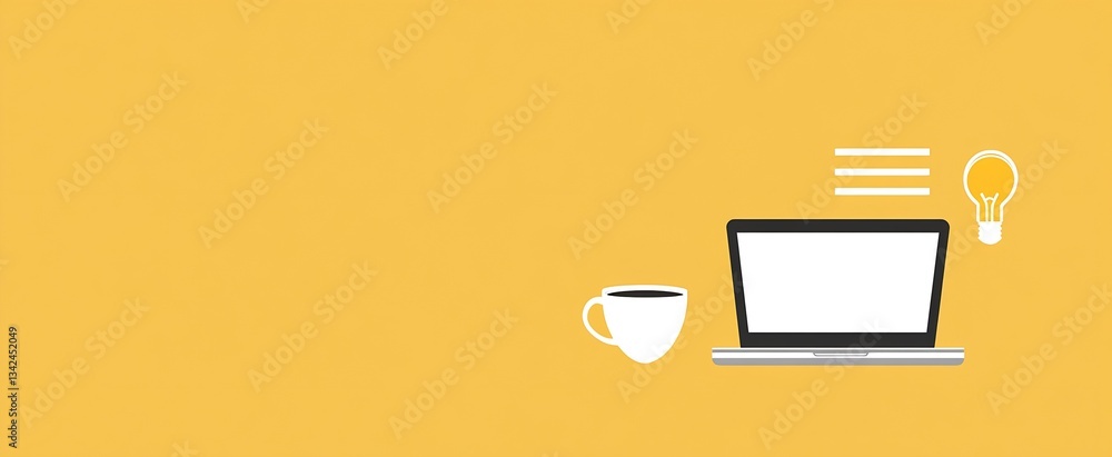 Poster modern workspace with a laptop coffee cup and light bulb on yellow background for creative ideas : g