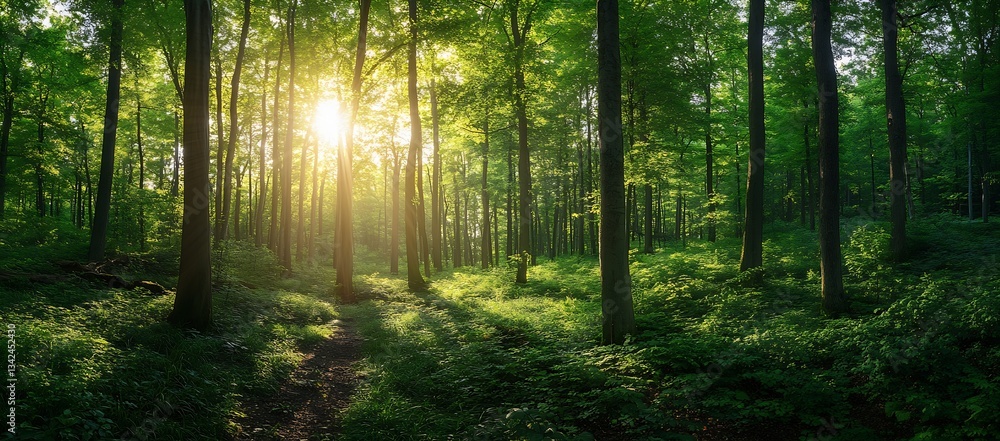 Poster radiant sunlight breaks through tall trees in a lush green forest pathway surrounded by serenity : g