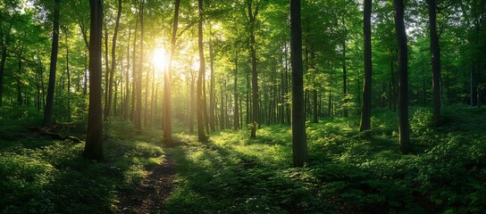 Radiant Sunlight Breaks Through Tall Trees in a Lush Green Forest Pathway Surrounded by Serenity : Generative AI