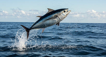 Fototapeta premium A large fish leaping out of ocean water beautifully