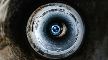 This is a highly detailed closeup shot of a specialized camera lens designed specifically for sewer inspection work, showcasing a variety of intricate textures along with a perfectly focused view