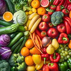 Inviting Rainbow Display of Fruits & Vegetables Showcasing Their Health Benefits