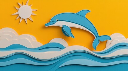 Obraz premium Playful paper-cut dolphin leaping over waves under a sun.