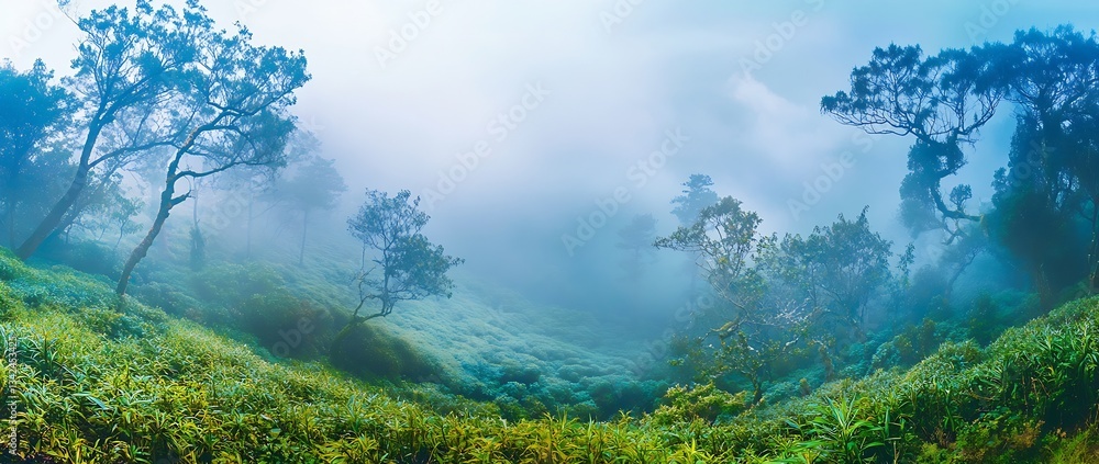 Poster lush green mountain valley with fog rolling in creating a picturesque and tranquil nature scene : ge