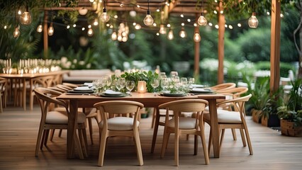 Fototapeta premium Outdoor dining setting with wooden tables and chairs,