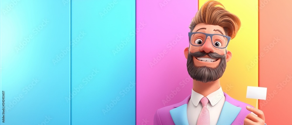 Poster hyper-realistic image of a business leader presenting with confidence against a colorful background