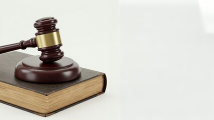 Judge's gavel resting on a law book, symbolizing justice. A close-up image of a judge's gavel resting atop a law book.