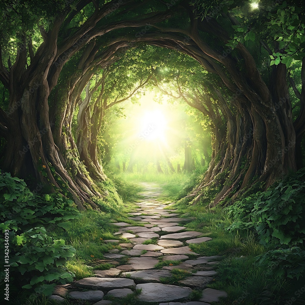 Aufkleber lush woodland pathway surrounded by mystical trees and bright sun rays shining through : generative 