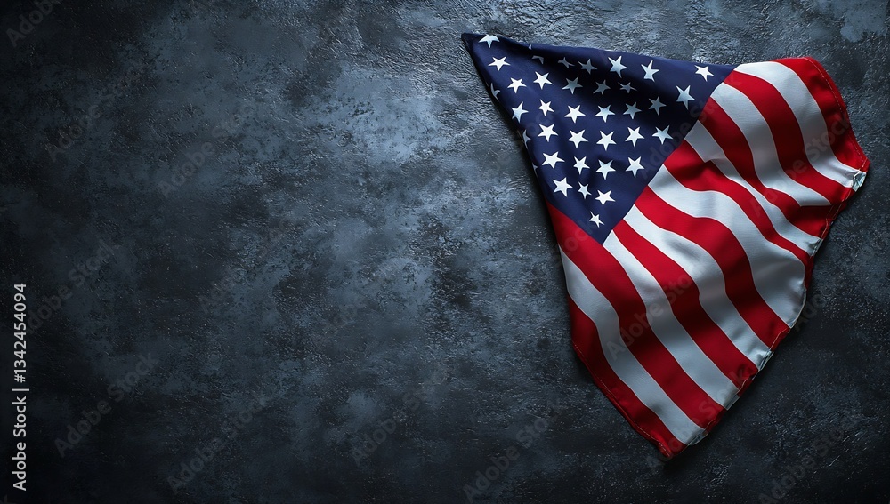 Poster Dynamic angle of American flag swirling over a dark textured surface reflecting patriotism and unity : Generative AI