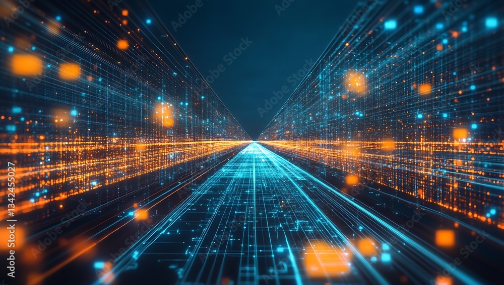 Poster Dynamic perspective of a computer-generated road filled with flowing blue and orange data lights : Generative AI