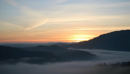 Serene Sunrise over Misty Mountain Ranges Peaceful Landscape