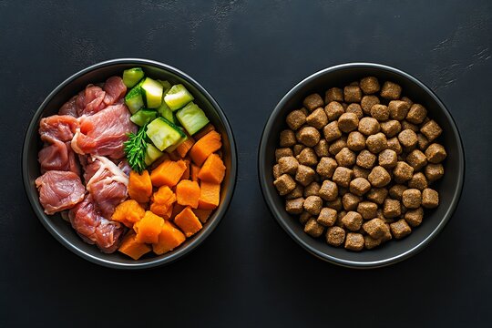 Two bowls of raw meat and dry kibble showcasing a healthy balance of meals for pets on elegant backdrop : Generative AI