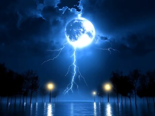 Obraz premium Lightning strikes a glowing moon over a serene night
