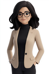 confident woman with glasses and beige blazer stands with hands in pockets, exuding professionalism and style. Her black hair complements her black turtleneck, creating modern look