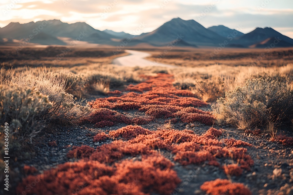 Poster Expansive View of a Desert Trail Adorned with Unique Vegetation and Mountain Peaks : Generative AI