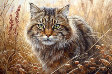 brown Siberian fluffy cat among the autumn grass in the field., watercolor style, Generative AI