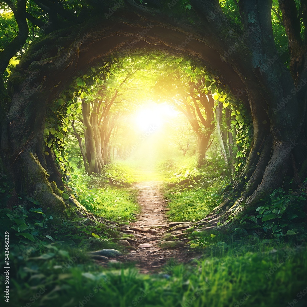 Poster Captivating woodland scene featuring a sunlight-drenched path through ancient trees : Generative AI