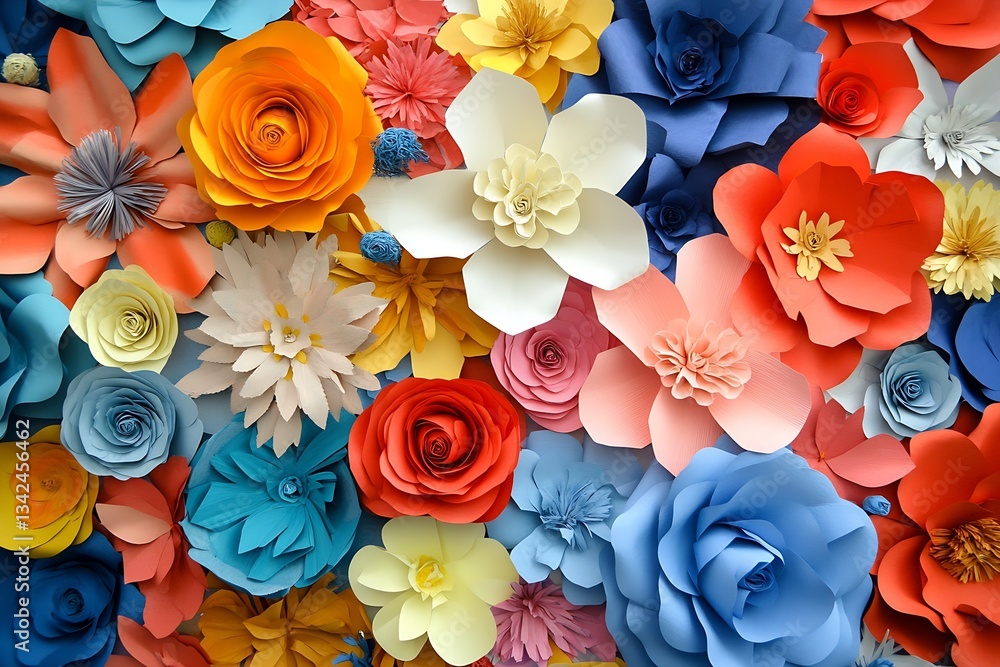 Poster exquisite arrangement of paper flowers in various shades creating a stunning visual garden display :