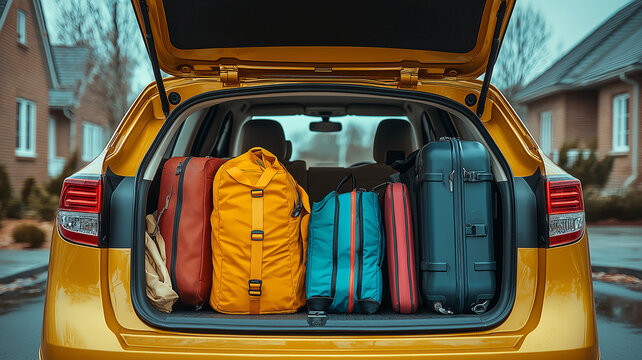 yellow car with open trunk is packed with colorful luggage, ready for journey. scene is set in suburban neighborhood, evoking sense of adventure and anticipation
