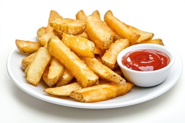 Golden fries served with a side of ketchup
