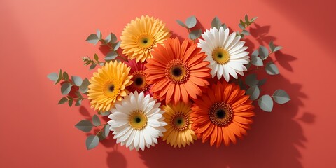 Fototapeta premium Vibrant Gerbera Daisies on Coral Backdrop: A Floral Symphony of Colors