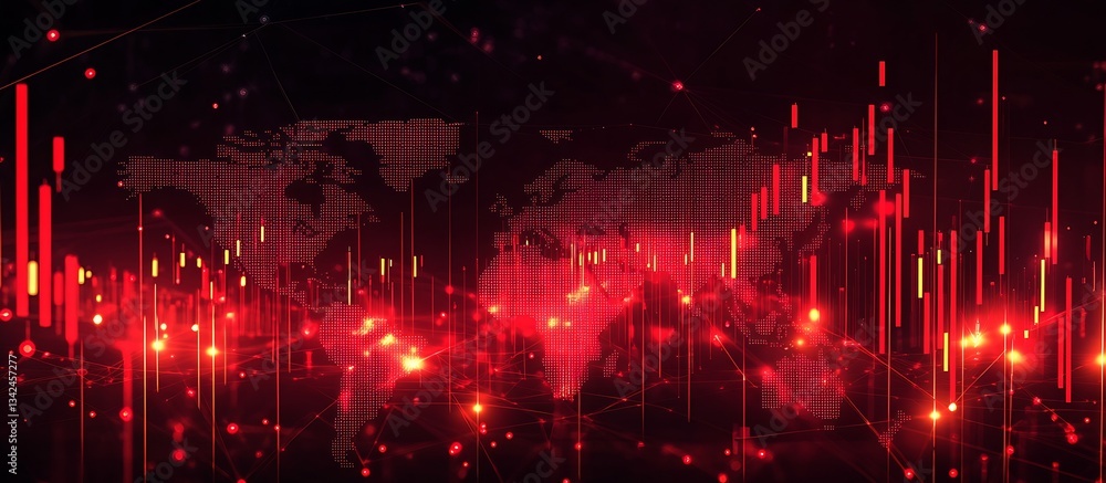 Poster High-Tech Red Visualization with Data Points and Network Lines Over Global Map : Generative AI
