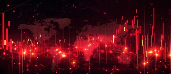 High-Tech Red Visualization with Data Points and Network Lines Over Global Map : Generative AI
