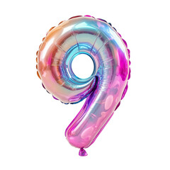 Shiny number nine(9) balloon in holographic metallic rainbow colors isolated on transparent background. PNG file.