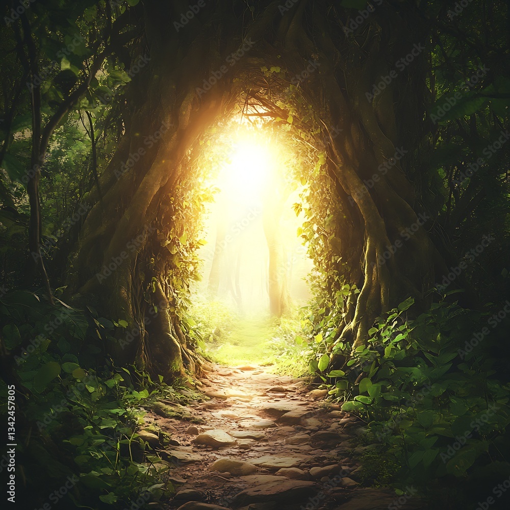Poster majestic entrance to a forest path illuminated by warm sunlight and mist : generative ai