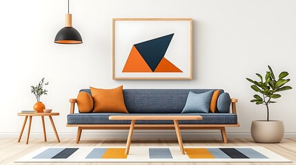 Modern living room with mid-century style.  Cosy, minimalist interior design with pops of color