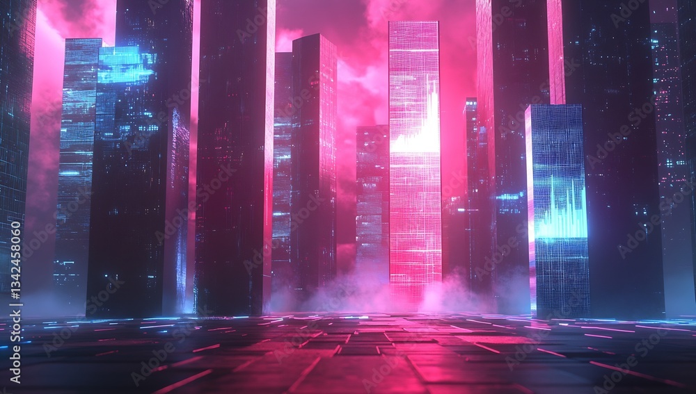 Fototapete Architectural digital skyline featuring towering glass structures with integrated market data visualizations and vibrant colors : Generative AI