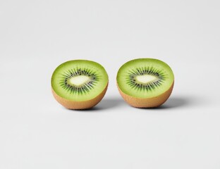 Two kiwi fruit halves, vibrant green flesh,  and  light brown seeds.  Perfect for healthy snack or fruit salad