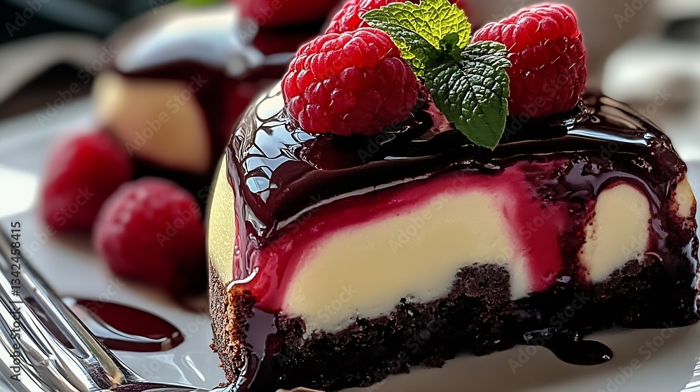 Poster tempting raspberry chocolate cake with a creamy top layer and vibrant red berries : generative ai