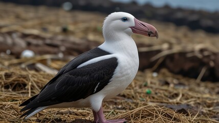 A  Galapagos  albatross  stands  on  a  trash-strewn  beach