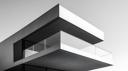 Fototapeta premium Modern concrete architecture's cantilevered balcony showcases minimalist design with stark black and white contrast.