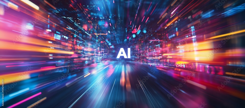 Poster Vibrant digital artwork illustrating the fast-paced world of artificial intelligence and technology advancements : Generative AI