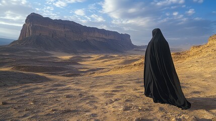 A person in black garment stands in a vast desert landscape