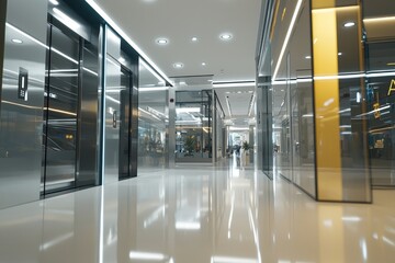 Obraz premium A modern shopping mall interior with glass elevators and bright lighting