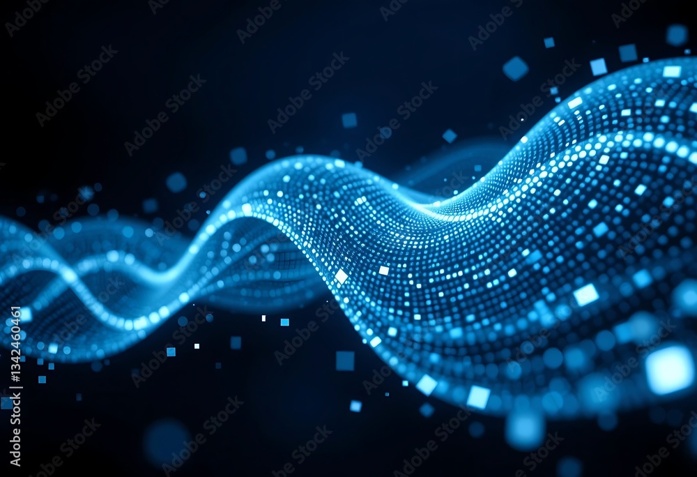 Poster a glowing blue wave pattern with squares and dots on dark background