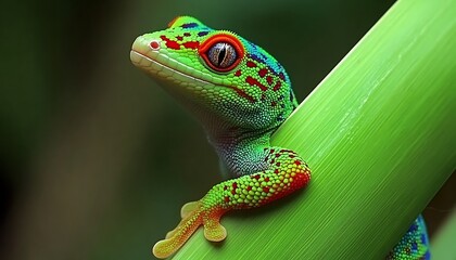 Obraz premium Vibrant Gecko on Lush Green Stem.