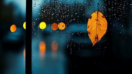Rainy City Window with Autumn Leaf