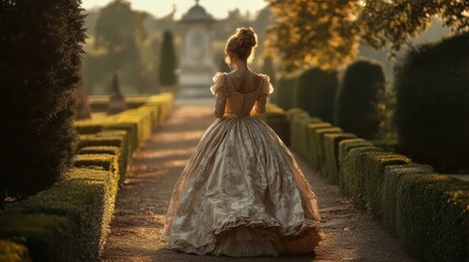 A lady walks in the garden on a sunny afternoon