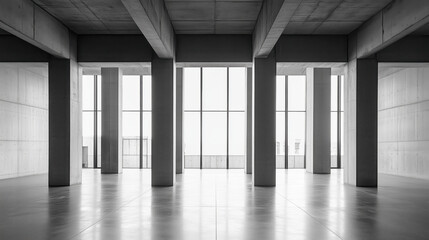 Expansive Modern Concrete Space with Sturdy Columns, Massive Windows Flooding the Room with Light, and Striking Architectural Beauty Featuring Sharp Lines and Clean Design